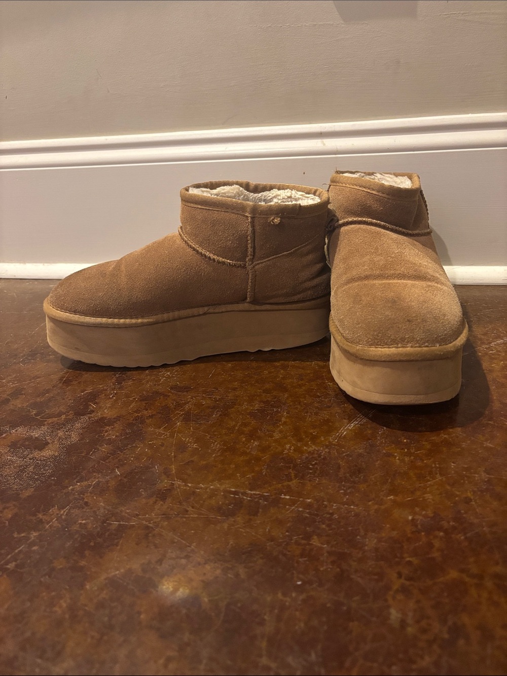 Amazon Chestnut Suede Shearling Platform Ankle Booties